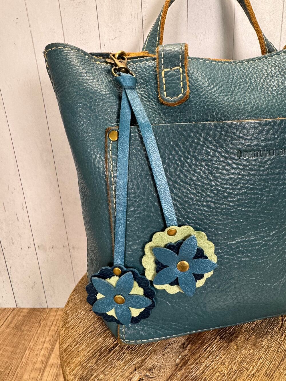 Double Flower Bag Charm Genuine Leather Green Blue Purse Charm NEW!